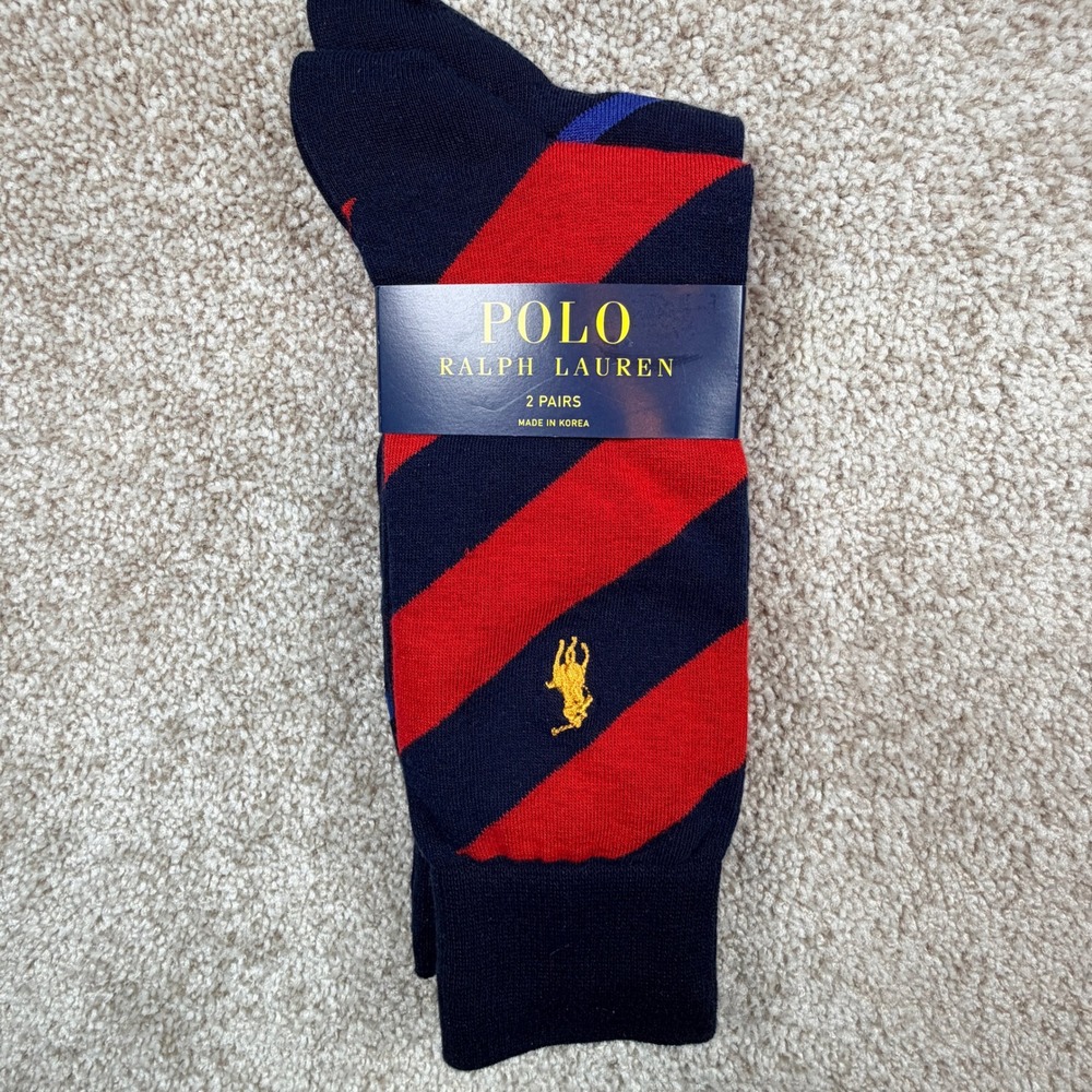 Polo Ralph Lauren Mens 2 Pack Striped Dress Socks Navy Red Blue Size 10-13 NEW